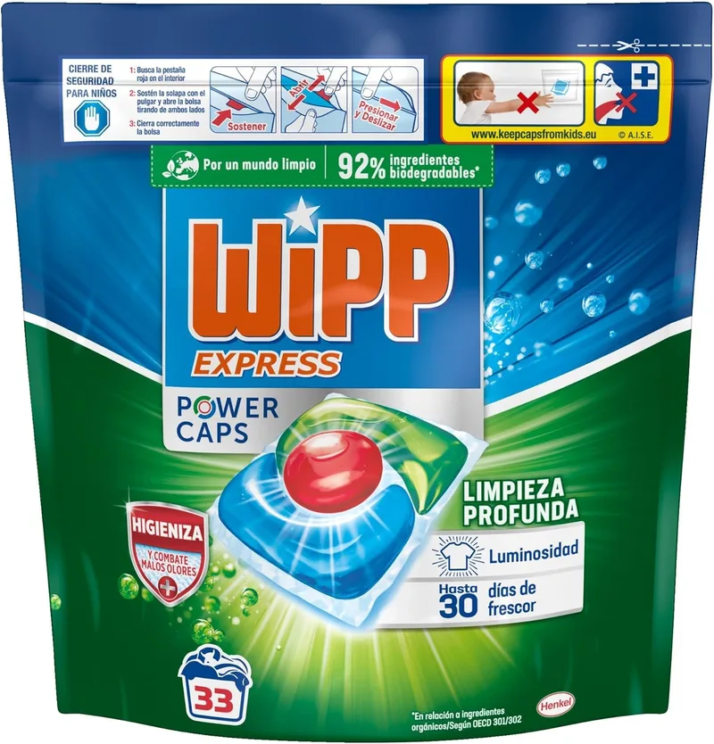 Wipp Express ▫️ Power Caps Cápsulas de detergente para máquinas de lavar roupa para higiene e controlo de odores, 33 doses, limpeza profunda, eficaz em água fria