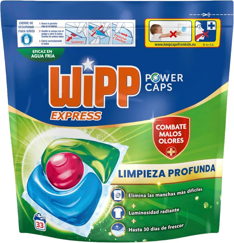 Wipp Express ▫️ Power Caps Higiene e Anti-odores Detergente em cápsulas para máquina de lavar roupa, 33 doses, limpeza profunda, eficaz em água fria