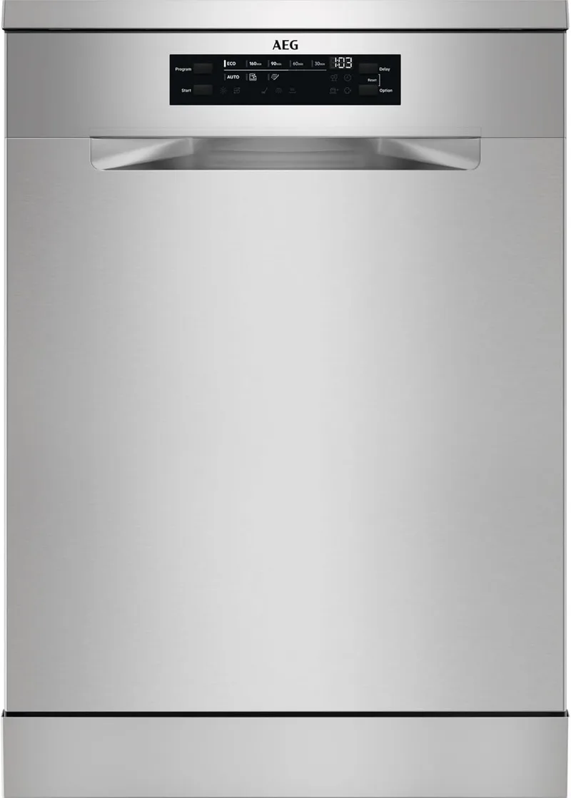 AEG ▫️ Máquina de lavar loiça 60 cm, FFB64607ZM, 13 talheres, Motor Inverter, Independente, Ecrã LCD, 8 programas, 4 temperaturas, AirDry Extra Hygiene, Série 6000 SatelliteClean, INOX