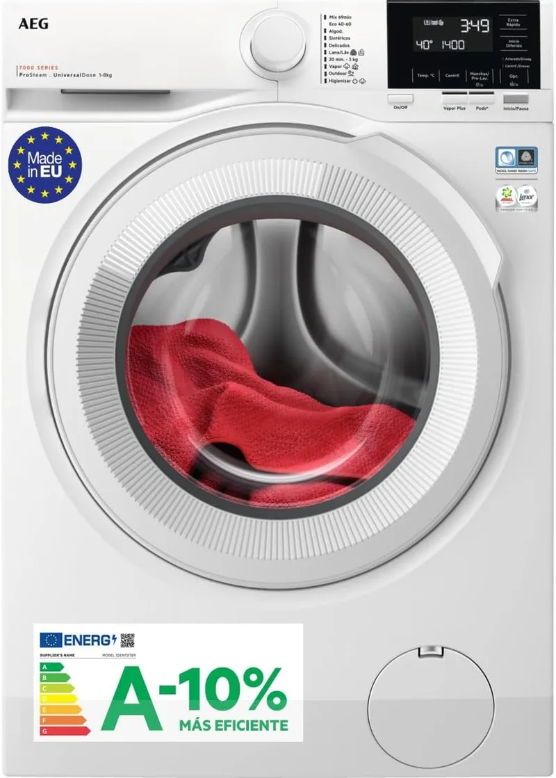 AEG ▫️ LFR7184N2V, Máquina de lavar roupa de carregamento frontal, 8 kg, 1400 rpm, instalação livre, função de vapor, lavagem rápida, gaveta universal, motor inverter, ecrã LCD/LED, Série 7000, branca, Classe A