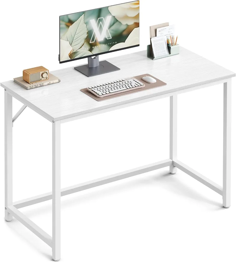 VASAGLE ▫️ Secretária, Mesa de Escritório Pequena e Estação de Trabalho, Mesa para Teletrabalho, Estúdio, Quarto, 50 x 100 x 76 cm, Estilo Moderno, Estrutura Metálica, Branco Bordo e Branco Nuvem LWD041W44