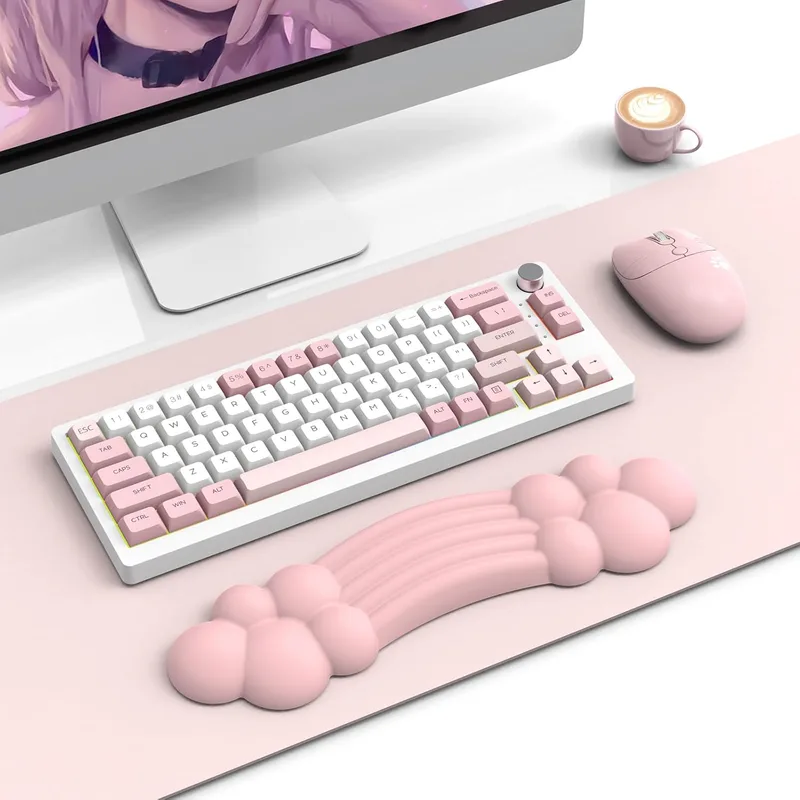 ZIYOU LANG ▫️ LANG Cloud Gaming Keyboard Wrist Rest, Descanso de pulso para teclado, apoio de braço confortável em borracha antiderrapante, design ergonómico, couro PU para escritório/casa/portátil/Mac - Rosa