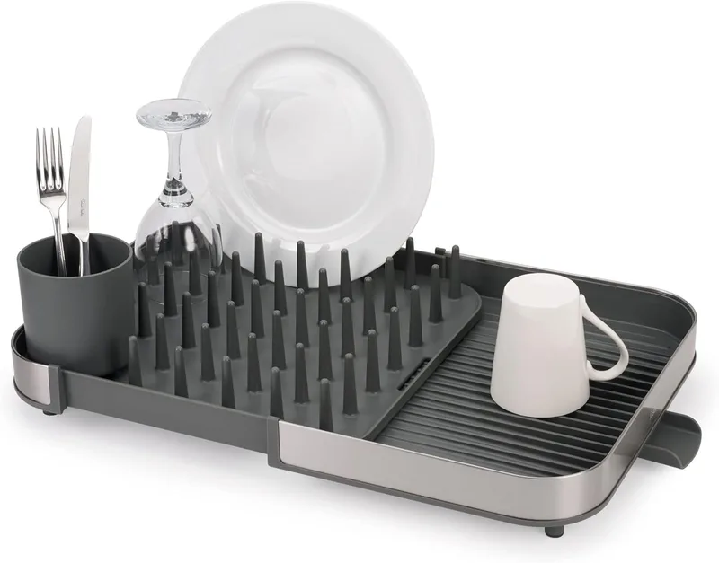Joseph Joseph ▫️ Duo Escorredor de Pratos Extensível para sobre a Pia, Escorredor de Pratos de Cozinha com Suporte para Utensílios e Tubo de Drenagem, Aço Inoxidável, Cinzento