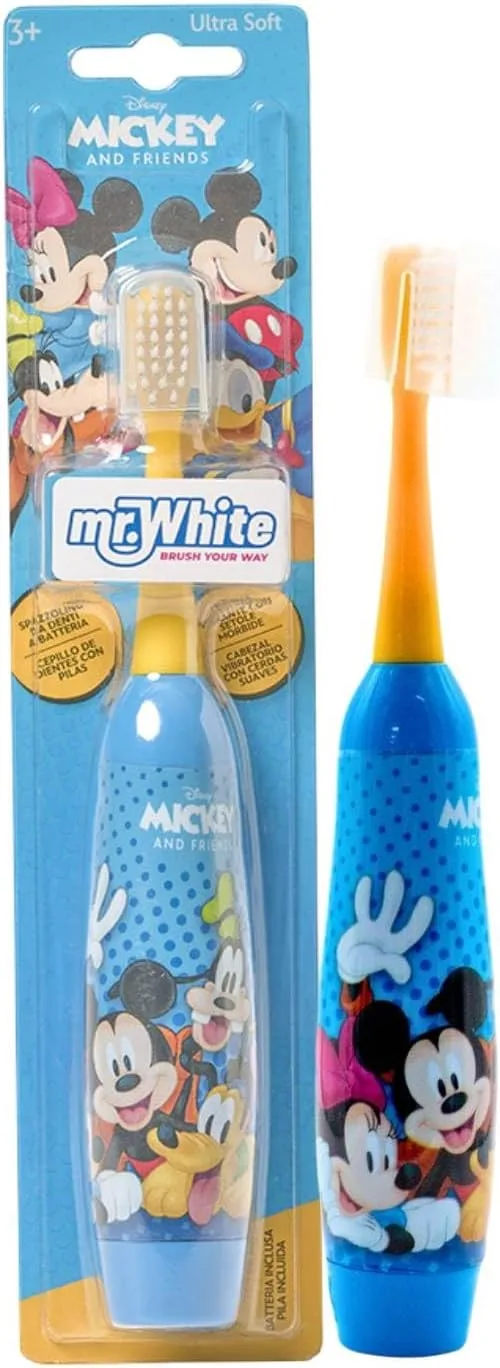Mr White ▫️ Disney Mickey Mouse - Escova de dentes a pilhas com tampa protetora, sistema de cabeça vibratória suave e pega confortável para crianças com mais de 4 anos de idade, 1 pilha AA incluída