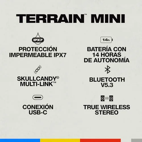 Skullcandy ▫️ Terrain Mini: Altifalante portátil sem fios com Bluetooth, resistência à água IPX7, 14 horas de autonomia, True Wireless Stereo e alça integrada para viagens e utilização ao ar livre - Preto 3
