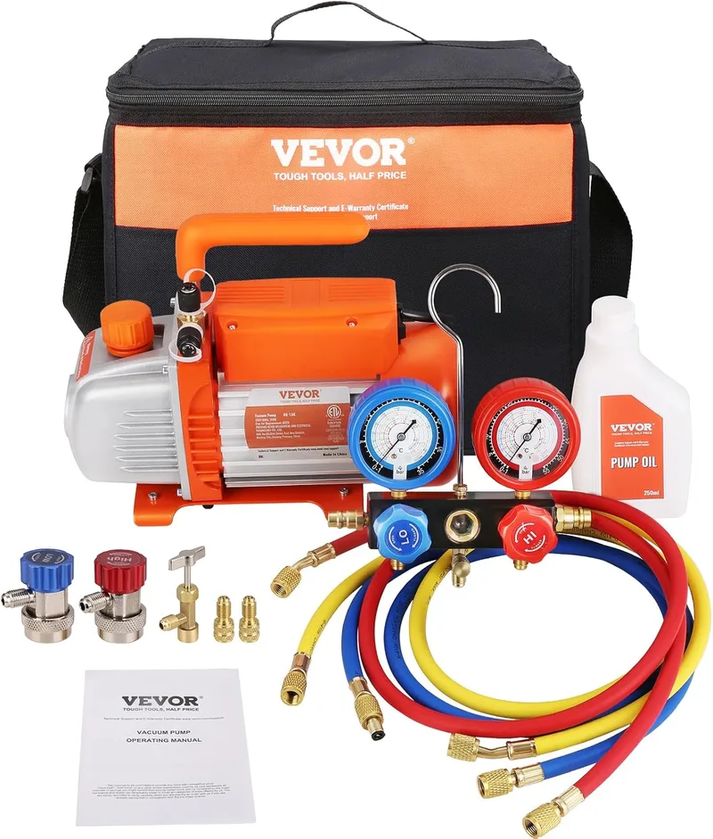 VEVOR ▫️ Bomba de vácuo para ar condicionado 128 L/min Bomba de vácuo HVAC 180 W com kit de manómetro e mangueira de borracha Tricolor 1440 RPM Bolsa de transporte para ar condicionado R134a Frigorífico Automóvel