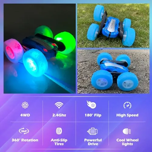Rodzon ▫️ Carro telecomandado Carro acrobático com camiões e rotação de 360 graus, brinquedo para crianças, presente para meninos e meninas dos 6, 7, 8, 9 e 12 anos, 2,4 GHz, carro telecomandado com luzes, inclui bateria recarregável (azul) 3