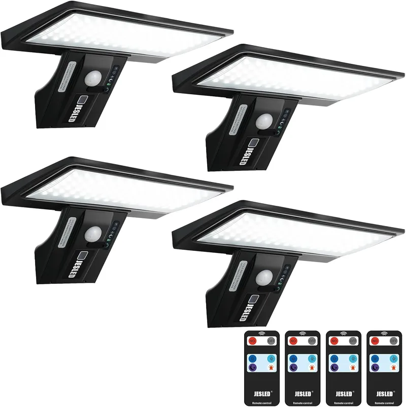 JESLED ▫️ 4 Pack - 90 LEDs para iluminação solar exterior, holofotes solares com sensor de movimento, IP65 à prova de água, 4 modos inteligentes para jardim, pátio, caminho e escadaria
