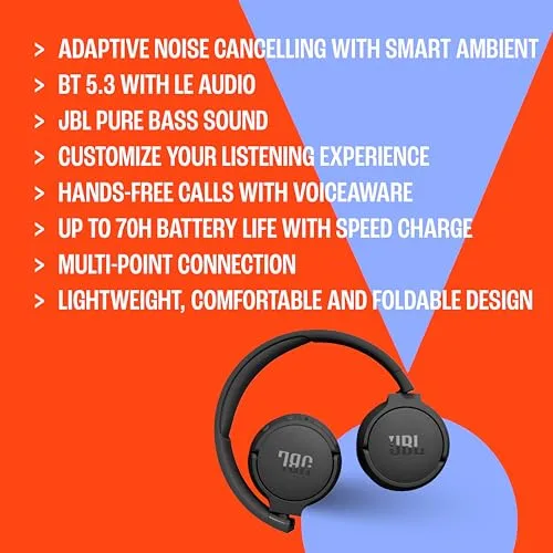 JBL ▫️ Auscultadores Tune 670 NC, auscultadores supra-auriculares sem fios leves com cancelamento de ruído adaptativo, Bluetooth e 70 horas de autonomia, preto 6