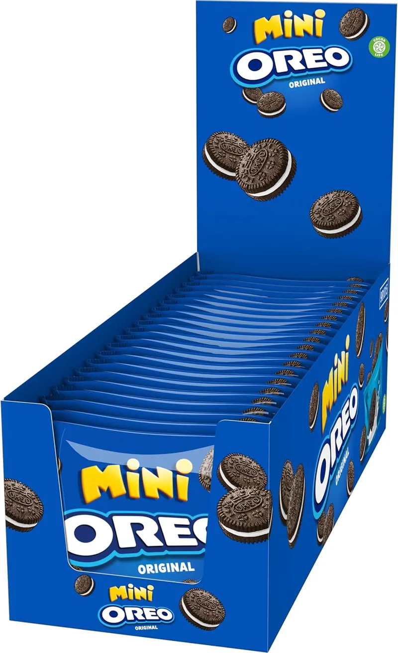 Oreo ▫️ Mini Bolachas de Cacau Recheadas com Creme de Baunilha, as suas bolachas clássicas na versão mini, embalagem com 20 saquinhos individuais, 40 g