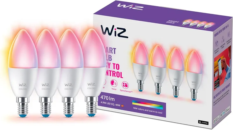WiZ ▫️ Lâmpada LED inteligente, casquilho E14 tipo vela, 4,9 W (equivalente a 40 W), 470 lúmens, luz branca e colorida, compatível com Alexa, Google Home, tecnologia SpaceSense e Matter - Conjunto de 4