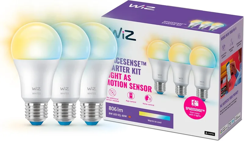 WiZ ▫️ Lâmpada LED inteligente, casquilho E27, 8 W (equivalente a 60 W), 806 lúmenes, luz branca regulável (de quente a fria), compatível com Alexa, Google Home, tecnologia SpaceSense e Matter - Conjunto de 3