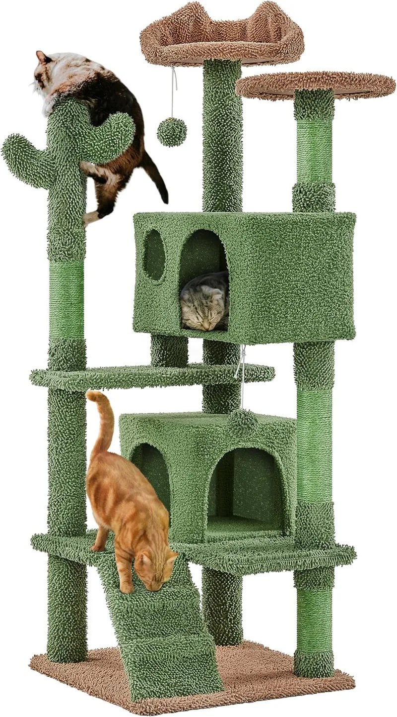 Yaheetech ▫️ Plush Cactus Cat Scratching Tree 48,5x48,5x138 cm Sisal Multi-Platform Cat Scratching Tower for 1-3 Medium Cats with Large Cave Two Balls Green and Brown
