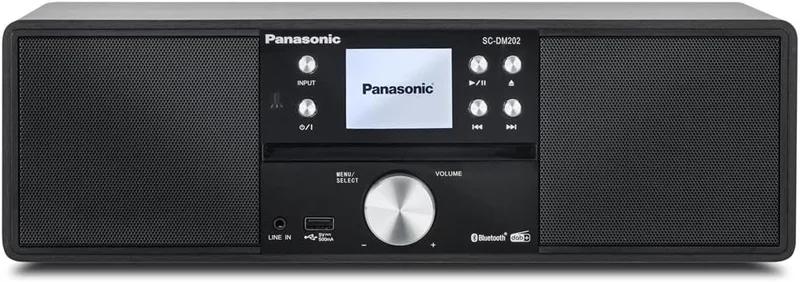 Panasonic ▫️ Sistema estéreo micro Hi-Fi compacto SC-DM202EG-K com CD, rádio Dab+/FM, USB e Bluetooth, colunas de 24 watts, controlo remoto, ecrã LCD TFT de 2,4", definições do equalizador, preto.