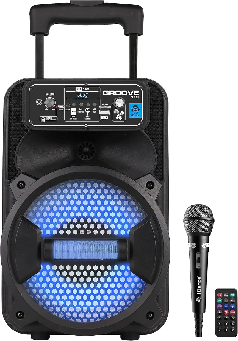 Cefa Toys ▫️ Altifalante portátil Bluetooth com microfone, comando à distância, bateria recarregável, iluminação LED, reprodução de MP3 via USB, alça telescópica e rodas, 100 watts.