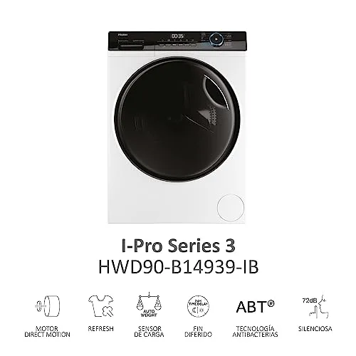 Haier ▫️ I-Pro Series 3 HWD90-B14939-IB - Máquina de lavar e secar roupa, capacidade de 9 kg + 6 kg, motor Direct Motion, ABT, Refresh, fim de ciclo diferido, detetor de peso, instalação livre, 60 cm de largura, 1400 RPM, branco 2