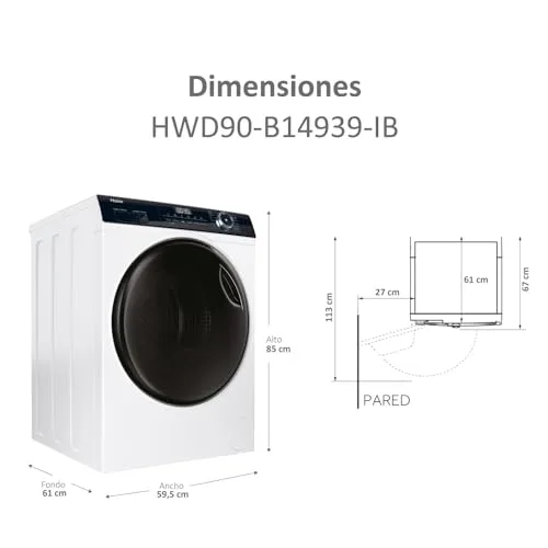 Haier ▫️ I-Pro Series 3 HWD90-B14939-IB - Máquina de lavar e secar roupa, capacidade de 9 kg + 6 kg, motor Direct Motion, ABT, Refresh, fim de ciclo diferido, detetor de peso, instalação livre, 60 cm de largura, 1400 RPM, branco 3