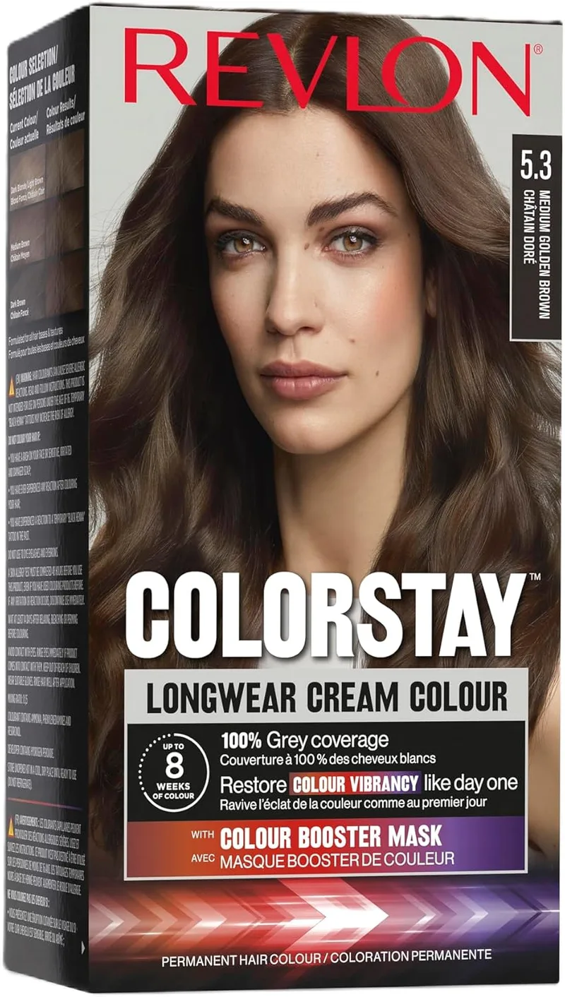 REVLON ▫️ Colorstay Women's Hair Color, Cor de Cabelo Permanente de Longa Duração, Inclui Máscara Intensificadora da Cor, Até 8 semanas de cor, Tonalidade 5.3 Castanho Dourado Claro