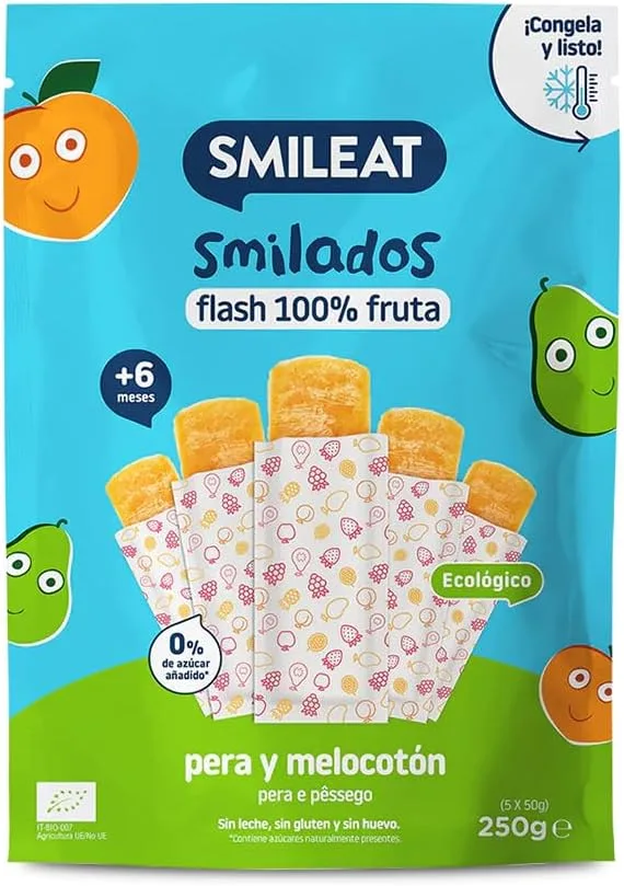 SMILEAT EAT & SMILE ▫️ Smileat - Smoothies de Fruta Biológicos - Flash de Pera e Pêssego - Sem Açúcar Adicionado, Sem Glúten - Congelação Rápida - Para Crianças com Mais de 6 Meses - 5x50g (250g)