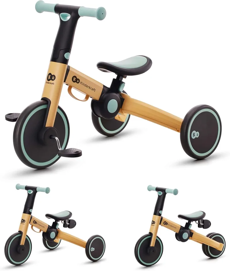 Kinderkraft ▫️ 4TRIKE Triciclo 3 em 1, Minibicicleta, sem pedais, Bicicleta para bebés, para crianças, Minitriciclo de equilíbrio, dobrável, assento ajustável, 12 meses - 5 anos, 25 kg, amarelo e azul