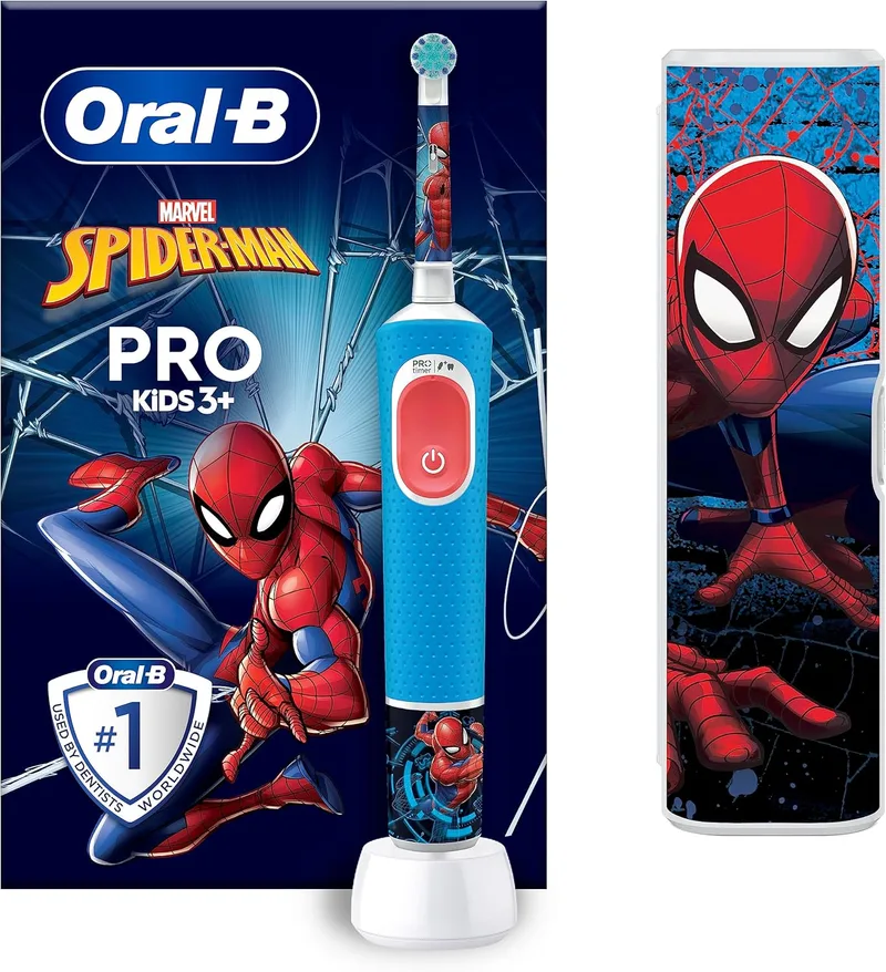 Oral-B ▫️ Pro Kids Electric Toothbrush, 1 cabo Marvel Spider-Man, 1 cabeça de escova, 1 estojo de viagem, Concebida pela Braun, Adequada para crianças com mais de 3 anos de idade