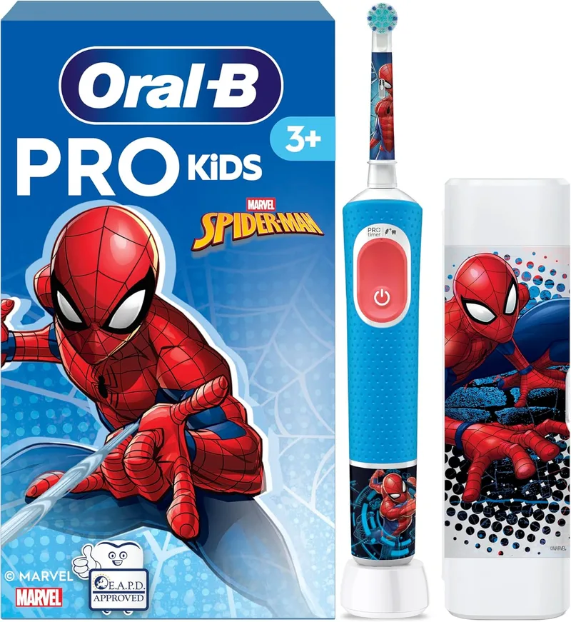 Oral-B ▫️ Pro Kids Electric Toothbrush, 1 cabo Marvel Spider-Man, 1 cabeça de escova, 1 estojo de viagem, Concebida pela Braun, Adequada para crianças com mais de 3 anos de idade