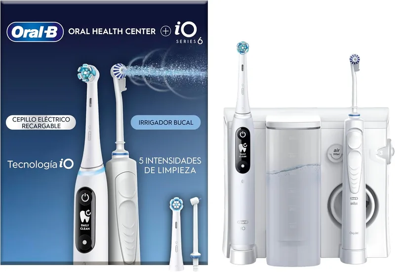 Oral-B ▫️ Irrigador Centro de Saúde Oral: Irrigador dentário a água, cabeça Oxyjet, cabeça Water Jet + escova de dentes elétrica iO6 com cabeça de substituição, presentes originais para mulheres e homens