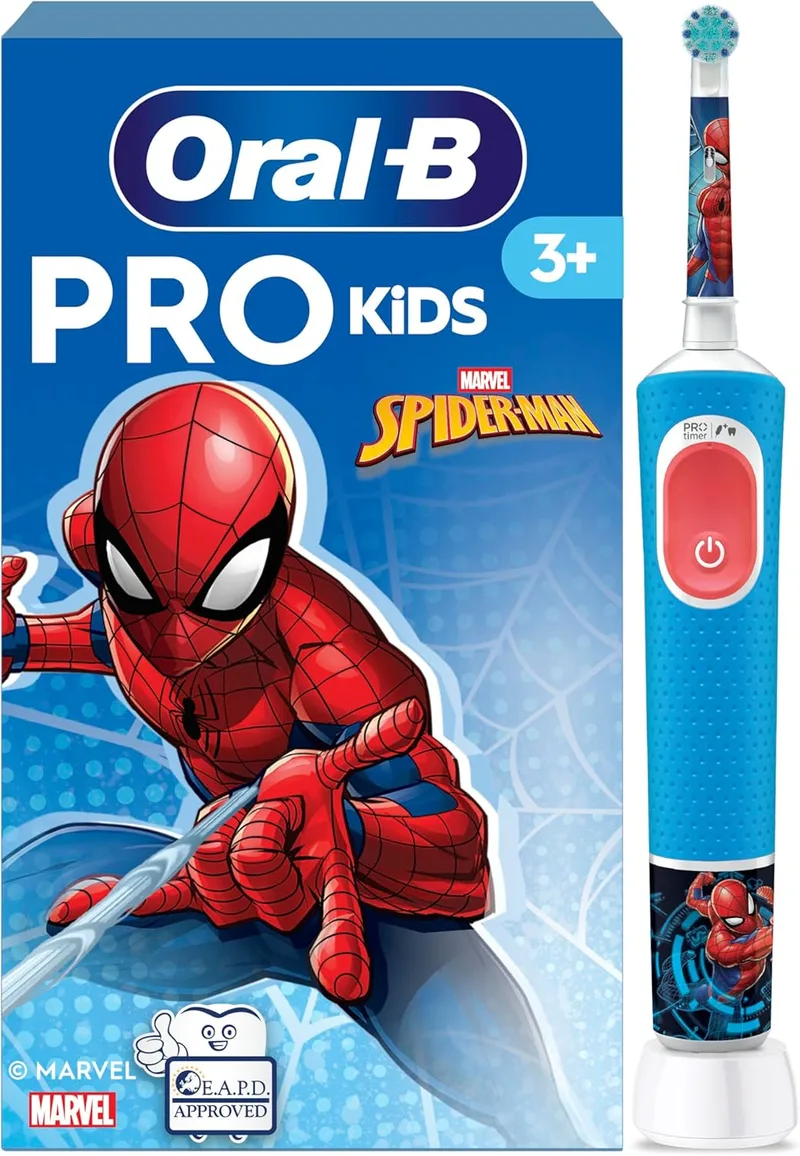 Oral-B ▫️ Escova de dentes elétrica Pro Kids Spider-Man para crianças a partir dos 3 anos | Escova de dentes infantil com 1 cabeça de escovagem, 2 modos de escovagem e cerdas extra-suaves para gengivas sensíveis