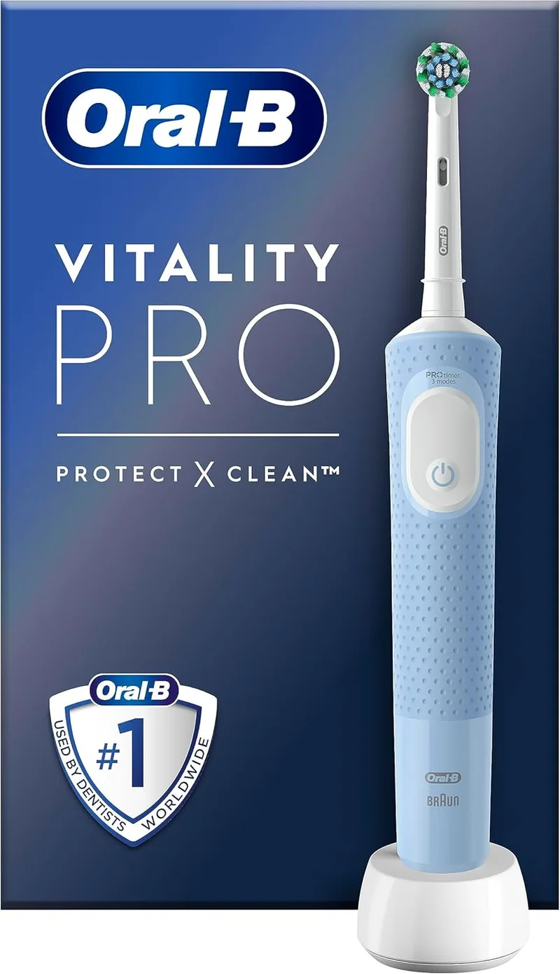 Oral-B ▫️ Escova de dentes elétrica Vitality Pro azul, 1 cabeça de escova, concebida pela Braun | 3 modos de escovagem, incluindo modo para gengivas sensíveis, temporizador integrado, carregador