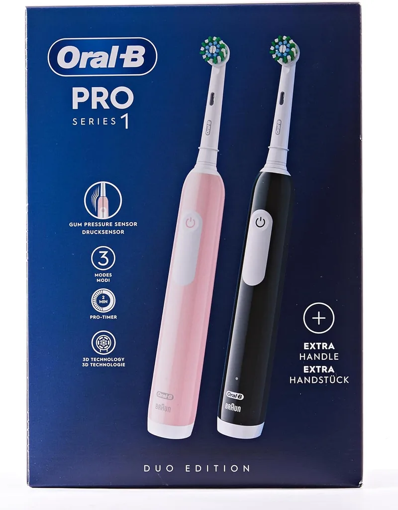 Oral-B ▫️ Pro Series 1 - Escova de dentes elétrica, embalagem dupla, 2 cabeças de escova, 3 modos de escovagem e sensor de pressão para cuidados dentários, disponível em castanho, rosa/preto