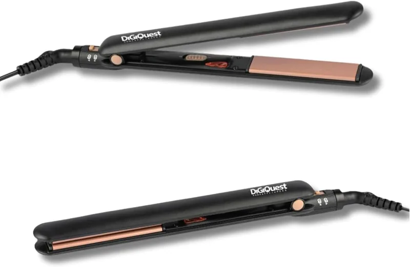 DIGIQUEST ▫️ Ceramic Plate - Fine Hair Straightener, ouro rosa e preto, tamanho de viagem, botão de ligar/desligar, cabo de 1,8 m, temperatura de 200°, punho bloqueável, com um punho bloqueável, com um cabo de 1,8 m.