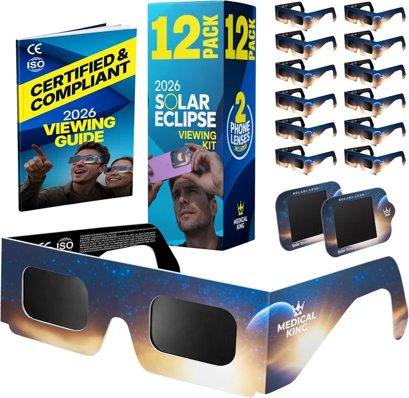 Medical king ▫️ Óculos de proteção contra o eclipse solar aprovados com 12 unidades e 2 lentes fotográficas para smartphone Aprovados de acordo com a norma ISO 12312-2, com certificação CE: Óculos de proteção contra o eclipse solar Eclipse 2026