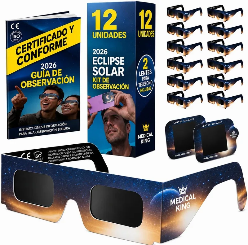 Medical king ▫️ Óculos para eclipses solares, homologados segundo a norma ISO 12312-2 — Incluem 2 lentes fotográficas para smartphone, aprovadas de acordo com a norma ISO e com certificação CE: Óculos para observar o eclipse solar de 2026