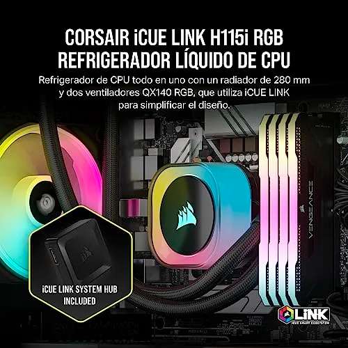 Corsair ▫️ iCUE LINK H115i RGB Refrigerador Líquido para CPU - AIO de 280 mm - Ventiladores QX140 RGB - Compatível com Intel LGA 1700 e AMD AM5 - Concentrador de sistema iCUE LINK incluído - Preto 2