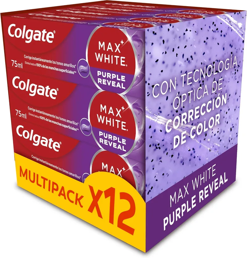 Colgate ▫️ Max White Purple Reveal, Pasta de dentes branqueadora, Embalagem de 12 x 75 ml | Pasta de dentes branqueadora roxa, Correção ótica, Elimina 100% das manchas superficiais, Segura para o esmalte
