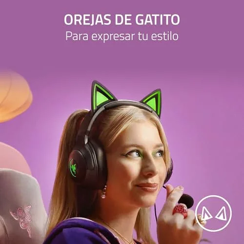 Razer ▫️ Kraken Kitty V2 - Auscultadores RGB com fio e orelhas de gatinho (iluminação reativa ao streaming, microfone cardioide HyperClear, diafragmas Triforce de 40 mm, som envolvente 7.1) Preto 3