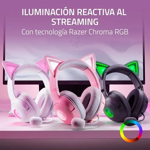 Razer ▫️ Kraken Kitty V2 - Auscultadores RGB com fio e orelhas de gatinho (iluminação reativa ao streaming, microfone cardioide HyperClear, diafragmas Triforce de 40 mm, som envolvente 7.1) Preto 4