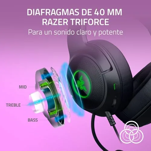 Razer ▫️ Kraken Kitty V2 - Auscultadores RGB com fio e orelhas de gatinho (iluminação reativa ao streaming, microfone cardioide HyperClear, diafragmas Triforce de 40 mm, som envolvente 7.1) Preto 6