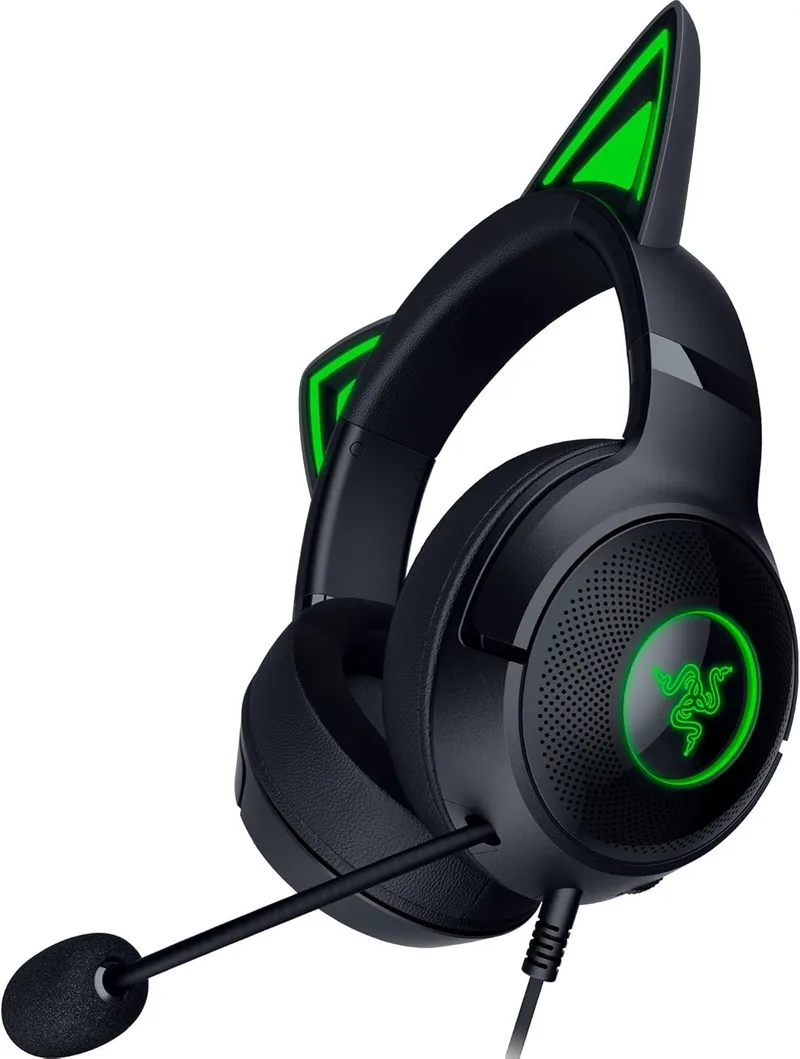 Razer Kraken Kitty V2 - Auscultadores com fios RGB com orelhas de gatinho (iluminação reactiva em fluxo contínuo, microfone cardioide HyperClear, diafragmas Triforce de 40 mm, som surround 7.1) Preto