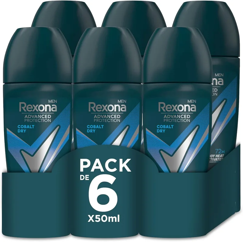 Rexona ▫️ Advanced Protection Desodorizante Roll-On para Homem Cobalty Dry 72 h, 50 ml, Embalagem de 6