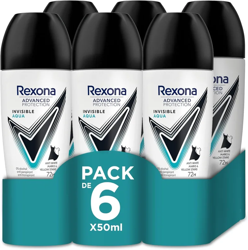 Rexona ▫️ Advanced Protection Desodorizante antitranspirante Roll-On para Mulher INVISIBLE AQUA 72h 50 ml x 6