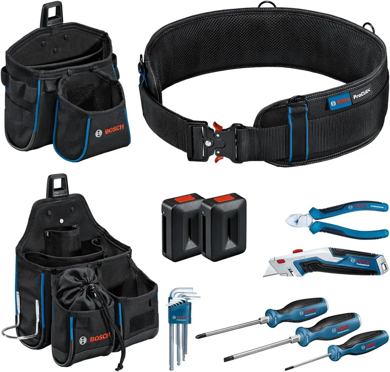Bosch Professional ▫️ ProClick - Conjunto de cinto de ferramentas 108 + ferramentas manuais (saco GWT 2, saco 1 GWT 4, 2 suportes, 3 chaves de fendas, 9 chaves hexagonais, 1 alicate, 1 canivete)