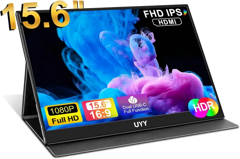 UYY ▫️ Monitor portátil 15,6 ultrafino FHD 1080P, monitor de viagem IPS, monitor de jogos HDR com tampa inteligente e altifalantes duplos, HD, tipo C, portátil|PC|Telefone|Mac|consola de jogos