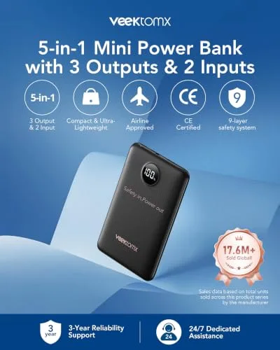 VEEKTOMX ▫️ Bateria Externa de Carregamento Rápido 22,5 W, Mini Power Bank 10 000 mAh 2