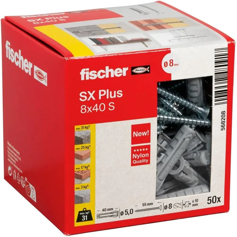 fischer ▫️ 568208 - Âncora de expansão SX Plus 8x40 com parafuso, caixa com 50 âncoras de nylon, âncoras para fixação ideal em concreto, tijolo sólido, tijolo (caixa 50 pcs.)
