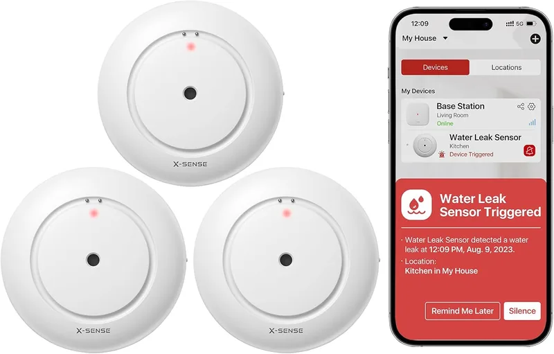 X-Sense ▫️ Detetor de água inteligente Wi-Fi alarme de fugas na cozinha, casa de banho e cave, alerta em tempo real e notificações por aplicação (requer estação de base SBS50, não incluída), SWS51, embalagem de 3