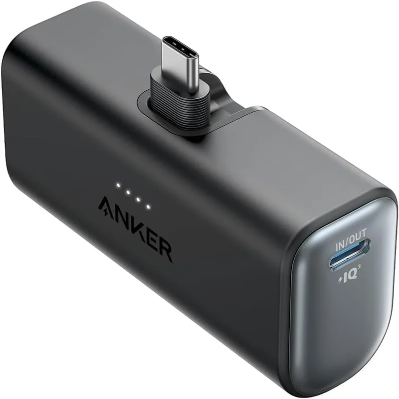 Anker ▫️ Nano Power Bank, Power Bank de 5000 mAh e 22,5 W, Conector USB-C dobrável, compatível com iPhone séries 17/16/15, Samsung séries S22/23, Note20/10, Huawei, iPad Pro/Air, AirPods e muito mais (Preto)
