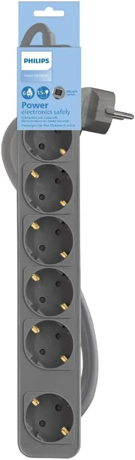 PHILIPS ▫️ Multitoma CHP2164G - Multitoma com 6 tomadas, cabo de 1,5 metros, interruptor principal, fecho de segurança automático, indicador LED de alimentação - Cor cinzenta
