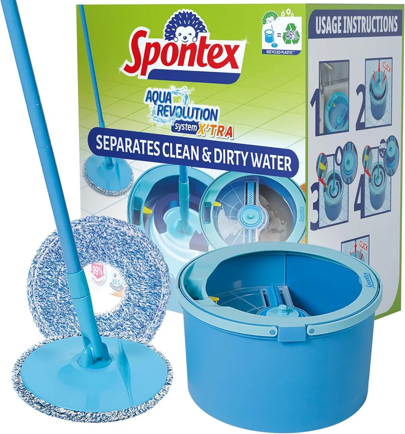 Spontex ▫️ Conjunto de esfregona e balde Aqua Revolution System X'tra | Separa a água limpa da água suja | Limpa pavimentos laminados, de madeira e de azulejos | Esfregona plana com recargas de microfibras | Esfregona com recargas de microfibras