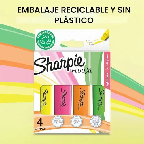 Sharpie ▫️ Marcadores fluorescentes Fluo XL | ponta biselada | Marcadores fluorescentes nas cores amarelo-rosa-laranja e verde | embalagem com 4 marcadores 6